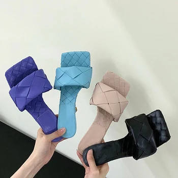 

INS Cross woven Leather Mules high heels Shoes Woman Square toe Lido high heel slippers Designer sandals Blue ladies Shoes