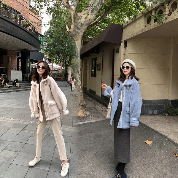 

2019 Winter New Style Korean-style CHIC Lambs Wool Coat Women's Plush Motorcycle Loose-Fit Jacket Lamb Suit