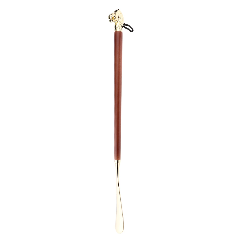 Retro Durable Lion Head Long Metal Shoehorn Brown Wood Handled Shoe Lifter Spoon 58cm
