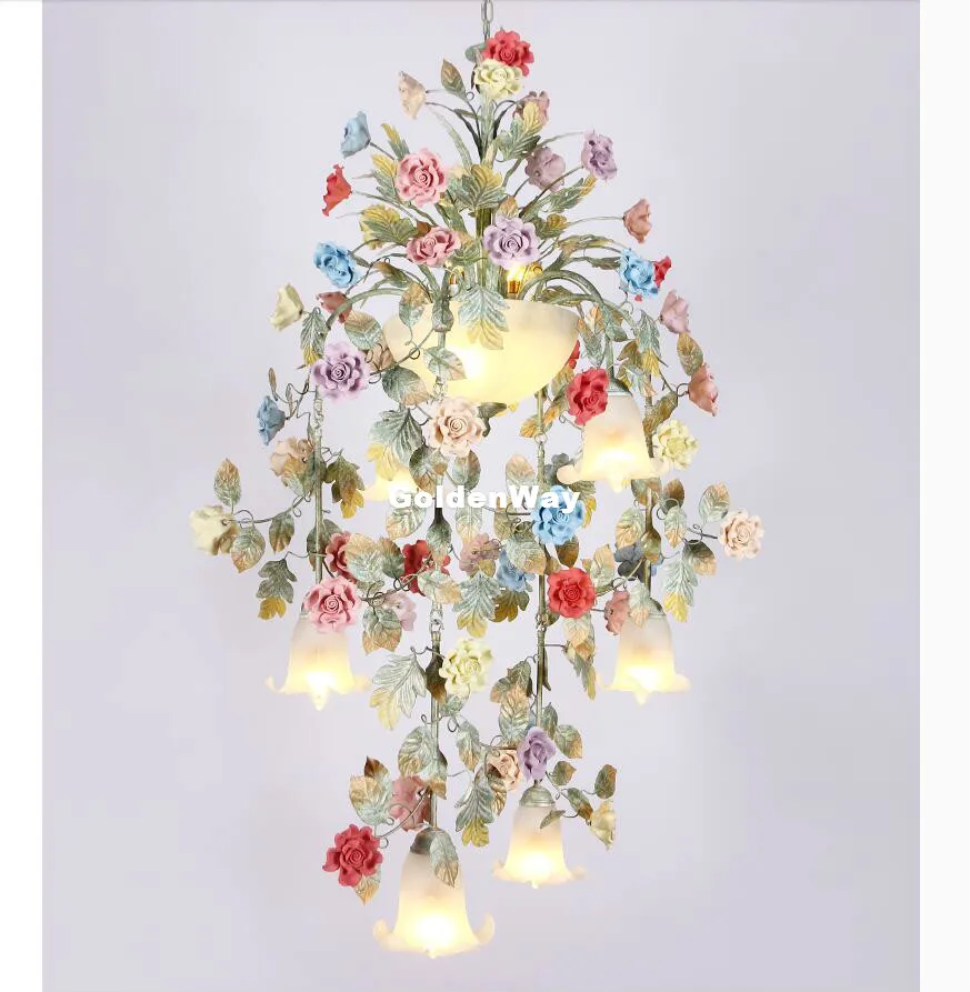 Art Floral Chandelier lamp Lustre Light 7L/10L Colorful Ceramic Rose Pendant Chandelier Light Fixture E14 LED AC Home Decoration crystal chandelier