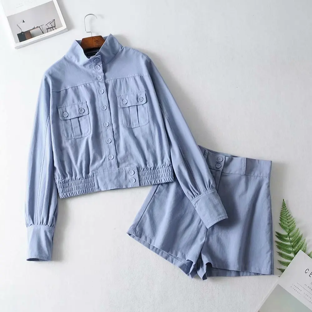 

Western Style New Products WOMEN'S Suit Cloudy Blue Cotton Linen Jacket High-waisted Slimming Shorts Two-Piece Set Fashion And P