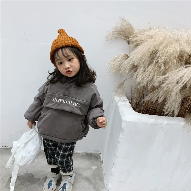 WLG/зимние парки для мальчиков и девочек детское вельветовое пальто с капюшоном и длинными рукавами с буквенным принтом бежевого и серого цветов плотная одежда для малышей