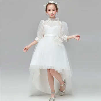 

2020Summer Luxury New Childre Kids Solid White Half Sleeves Birthday Wedding Party princess Long Tail Dress Baby Piano Host Wear