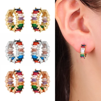 

1 Pair Small Hoop Earrings Women T CZ Rainbow Jewelry Gold Silver Color Rose Bling Geometric T CZ Hoops Earring Indian Round