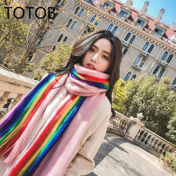 

Outdoor new scarf female winter vertical rainbow Han Chao autumn wild knitted cashmere thick warm long tassel shawl dual-use