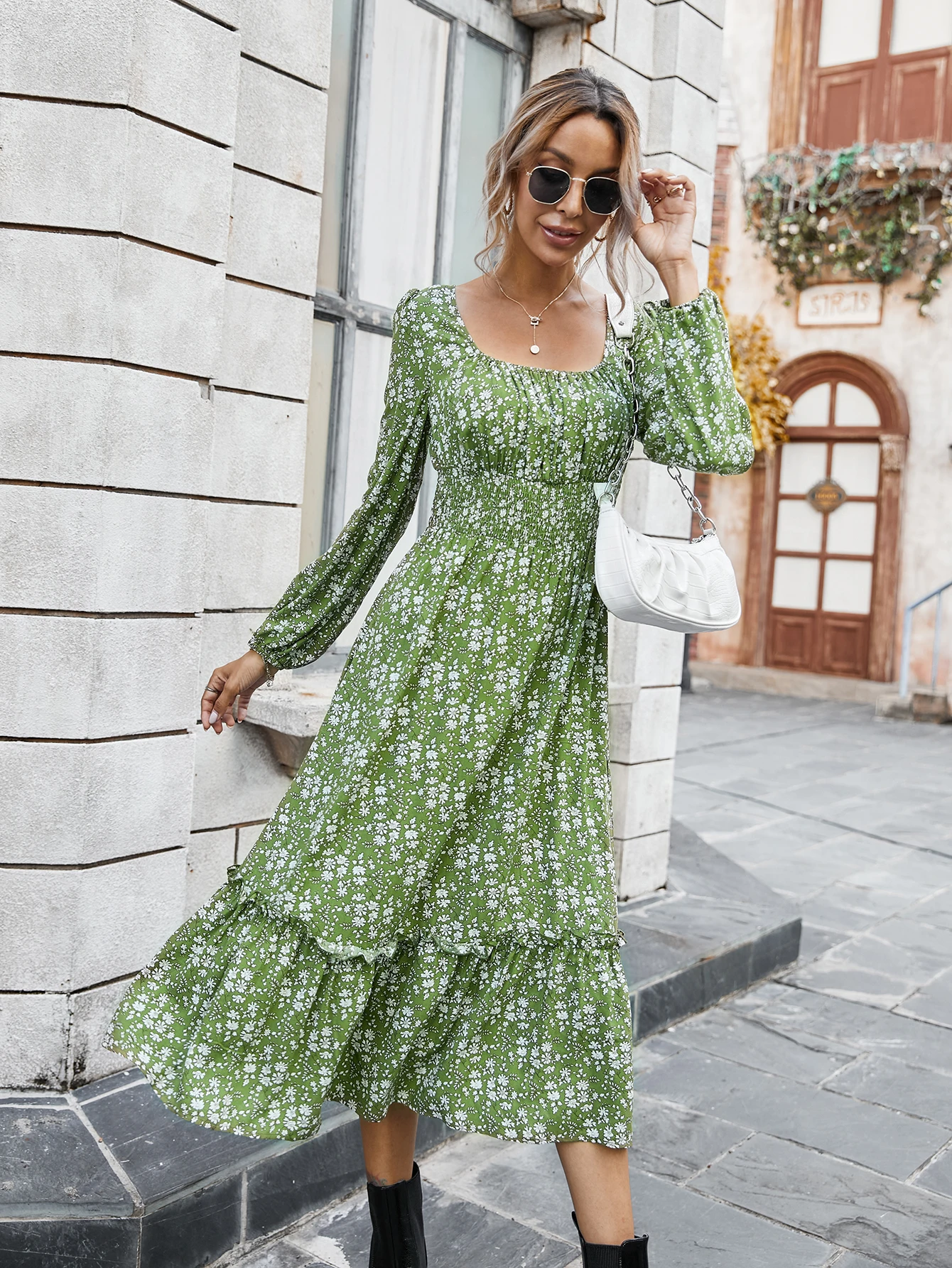 Chifirena Elegant Party Mid-Length Vintage Autumn Dress Women Square Collar Floral Print Ruffles Casual Dresses Minie Vestidos