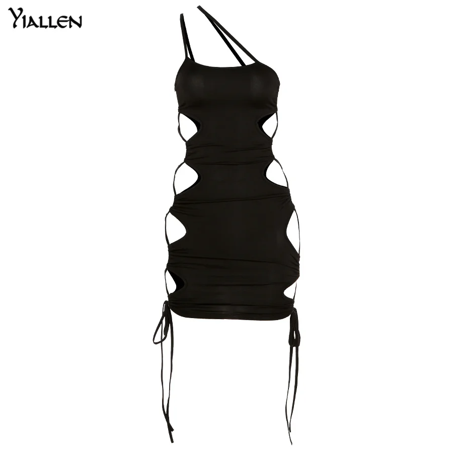 Yiallen Summer Black Sexy Hollow Out Lace Up Sling Slim Dress Women Fashion Sleeveless Clothing Lady Solid Mini Dresses womens clothes