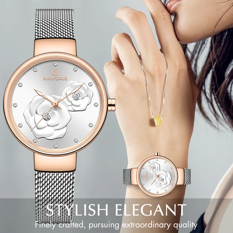 

New Women Watch NAVIFORCE Top Luxury Brand Steel Mesh Waterproof Lady Watch Flower Quartz Female Wristwatch Charming Girl Clock