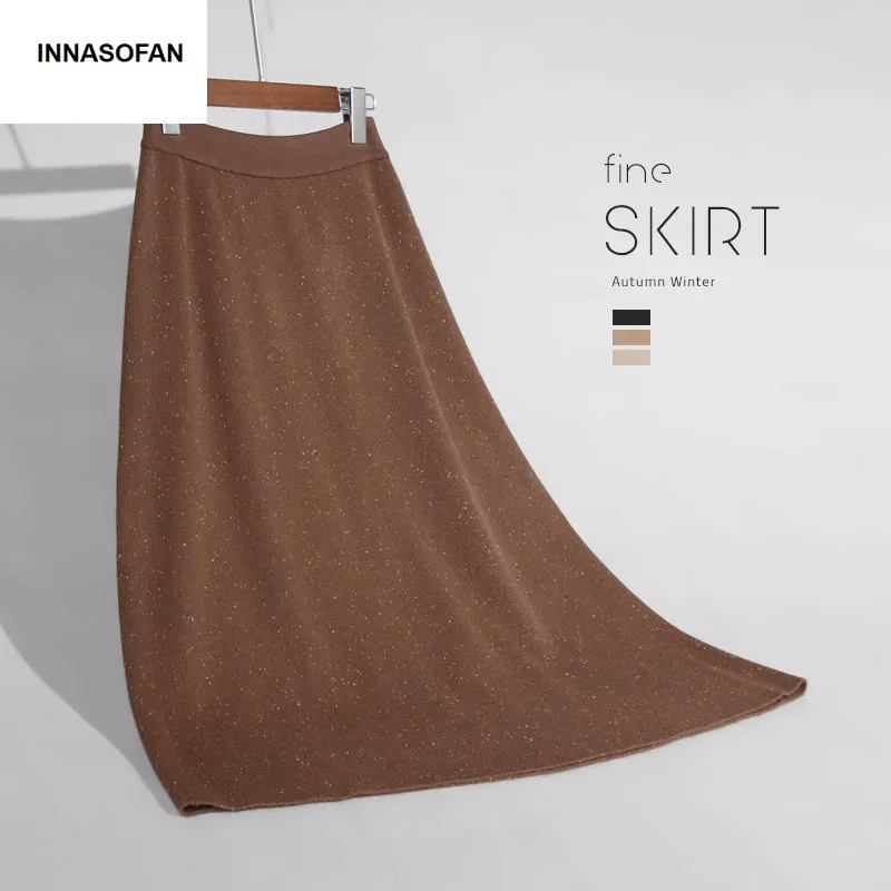 

INNASOFAN warm knitted skirt Women's Autumn-winter glittering skirt high waist Fashionable high-end chic long skirt