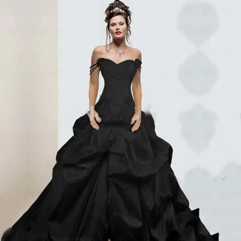 Medieval-Gothic-Black-Ball-Gown-Bridal-Gowns-Colorful-Off-Shoulder-Taffeta-Non-White-Wedding-Dresses-For