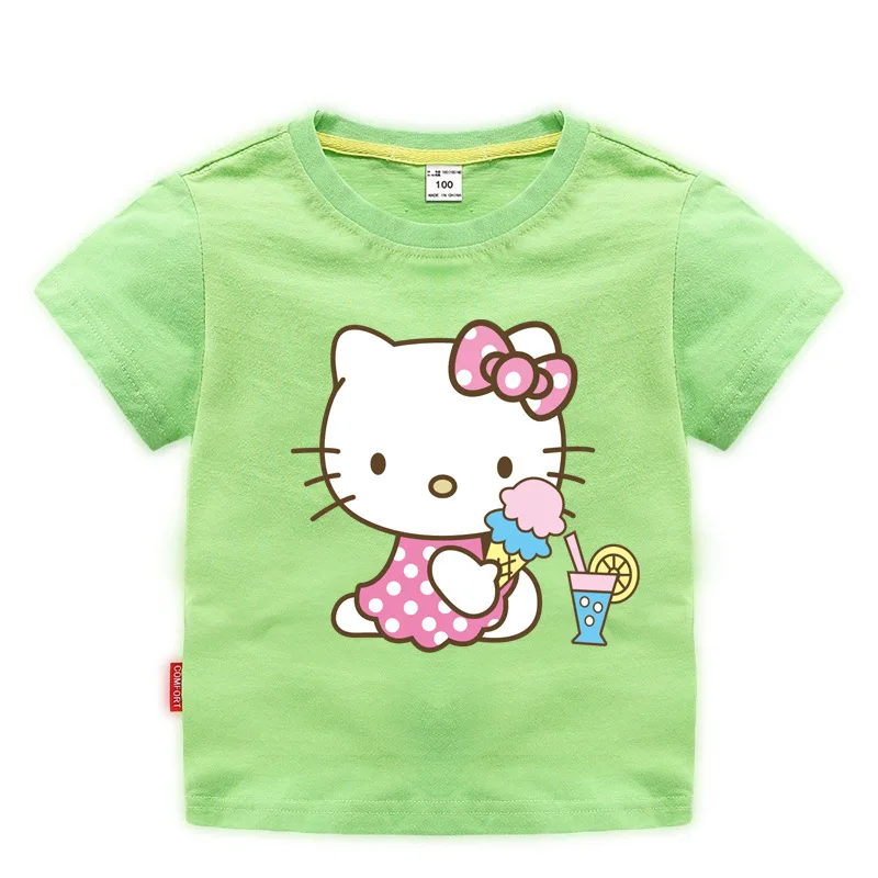 Light Green Футболка принцессы «hello kitty» для девочек; костюм; летняя хлопковая детская одежда с короткими рукавами; белая и черная футболка для девочек; топы - Цвет: Light Green