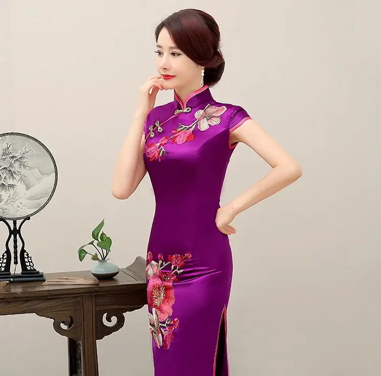 Модное Длинное платье Cheongsam в восточном стиле; женские свадебные вечерние платья с коротким рукавом в китайском стиле; элегантное платье; Vestido - Цвет: Purple