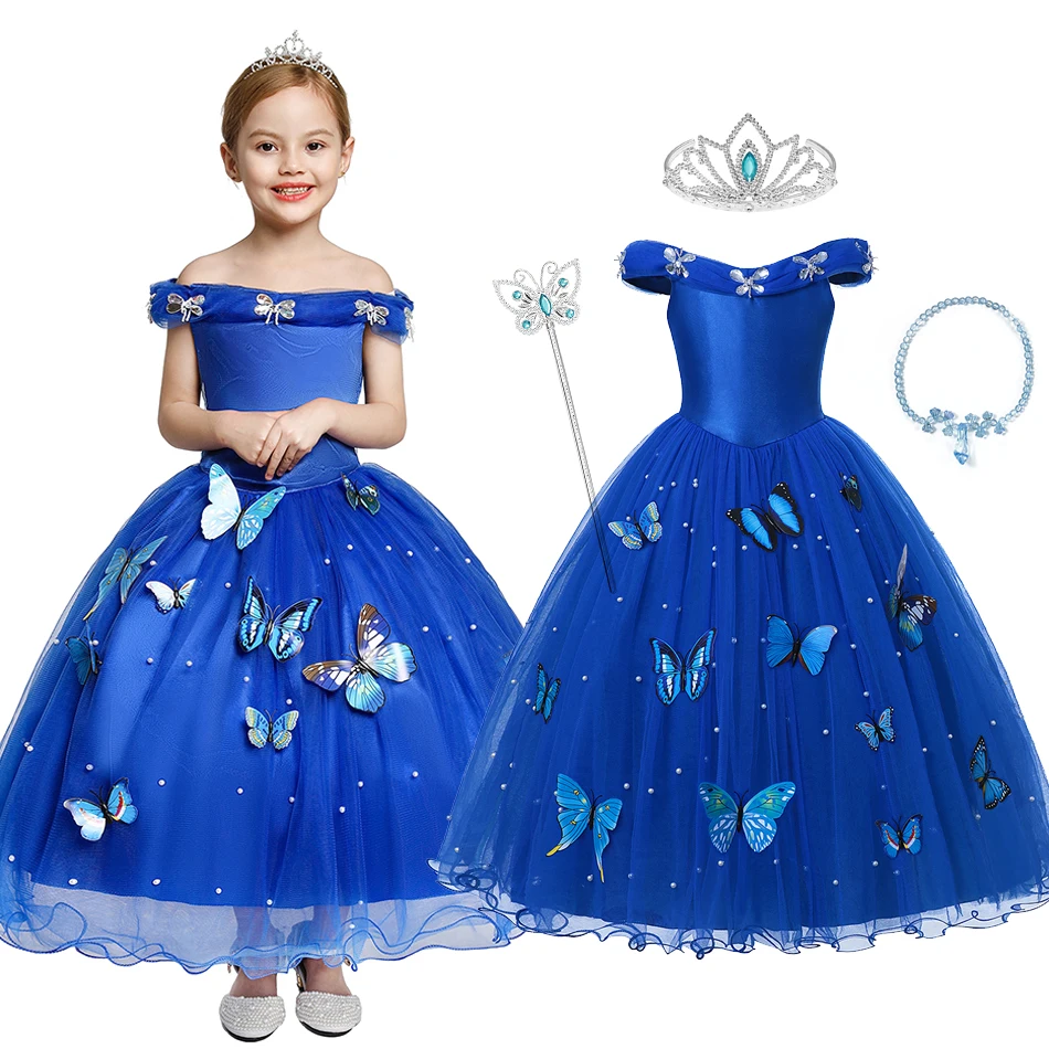 Girls Halloween Princess Cinderella Dress Up Girl Birthday Party Butterfly Pumpkin Cosplay Outfit Kid Tutu Blue Ball Gown Disney |