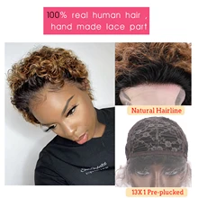 

Ombre brown curly pixie lace front wig free parting remy human hair dark roots blonde Pixie Cut Wig Lace Part Wigs Short Curly