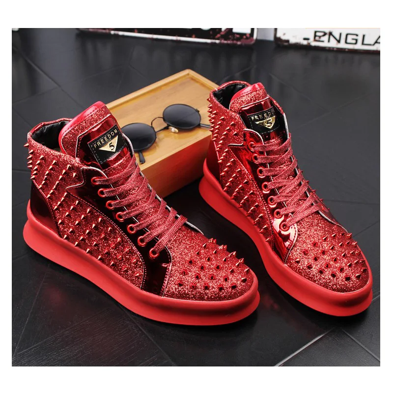 OVXUAN/Красные кроссовки; сезон весна-осень; мужская обувь с высоким берцем и заклепками; повседневные мужские вечерние ботинки на платформе в стиле панк; calzado zapatillas hombre