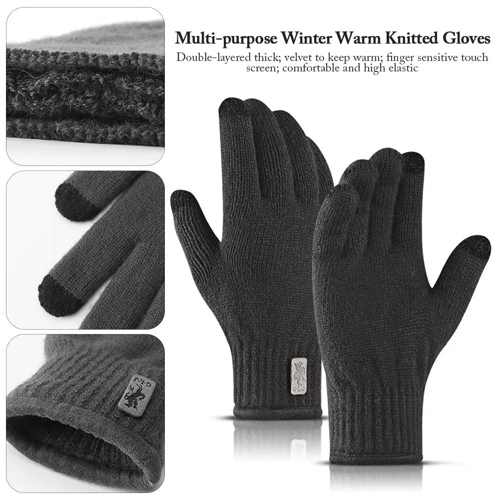 New Outdoor Warm Double-deck Velvet Mountaineering And Skiing Cycling Men's Knitted Touch Screen Windproof Sport Gloves