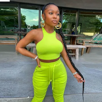 

High Street 2020 Women Summer Sexy Sleeveless Green Gray Mesh Ruched Green Red Two Piece Women Set Fashion Designer Women's Set