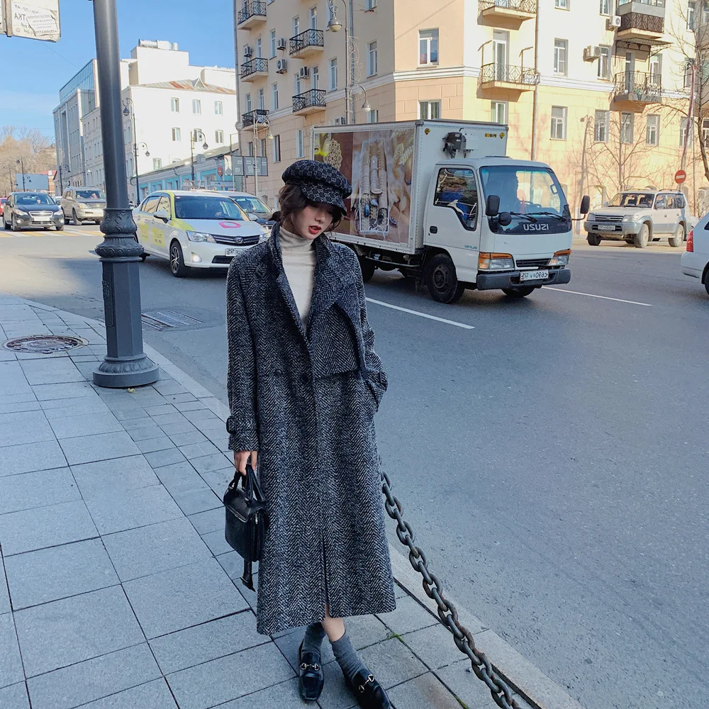 

Photo Shoot Herringbone Woolen Jacket 2019 Winter New Style WOMEN'S Dress Retro British Style Waist Hugging Lace-up Woolen Overc