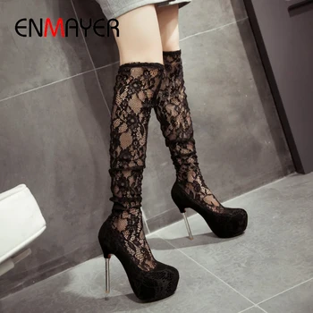 

ENMAYER Sexy Lace Super High Women Shoes PU Thin Heels Round Toe Slip-On Shoe and Bag Set TPR Embroider Red Shoes Woman Black