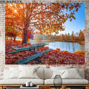 

Red forest tapestry Scenic red Wall Hanging farmhouse decor tropical plants goblen blue lake landscape Polyester Yoga mat