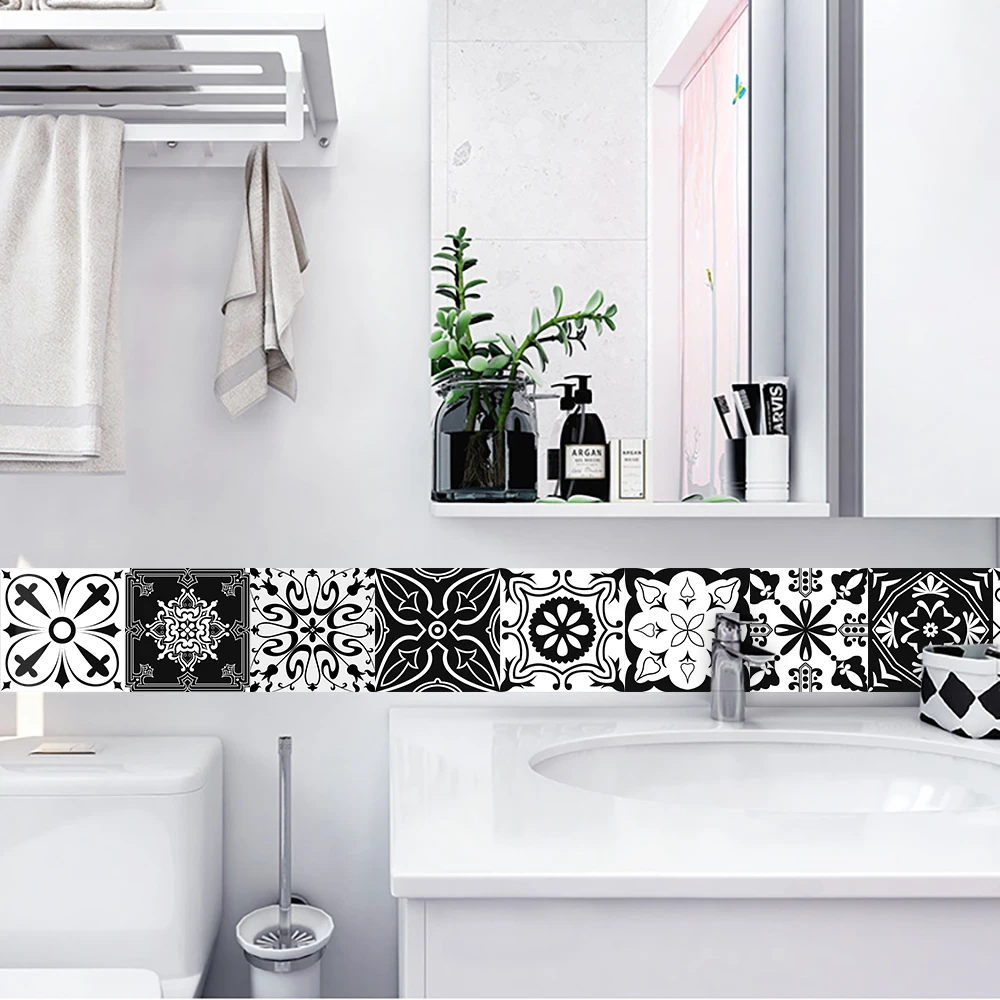 Black & White Pattern Matte Surface Floor Sticker Adhesive Tile Decoration Film For Tiles /Ground in Kitchen Bathroom Non-slip decorative tile stickers
