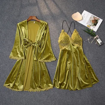 

Women Green Kimono Robe Gown Suit Sexy V-Neck Backless Nightdress With Bra Autumn New Velour Nightgown Sweet Lace Trim Bathrobe