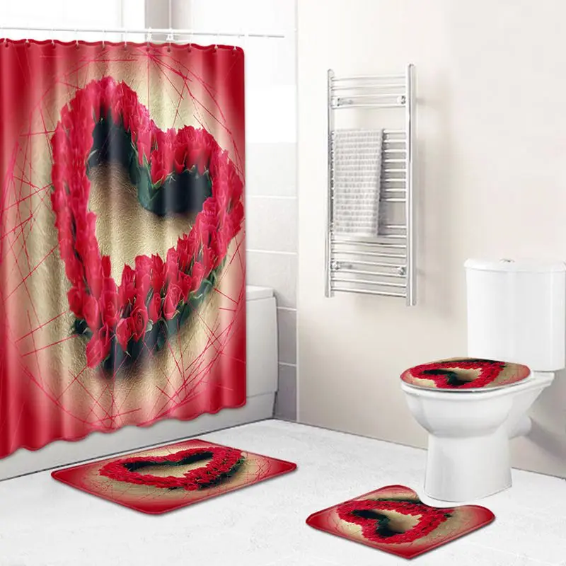 

4Pcs Valentine's Day New Romantic Rose Pattern Non-Slip Home Toilet Pad Cover Bath Mat Shower Curtain Set New