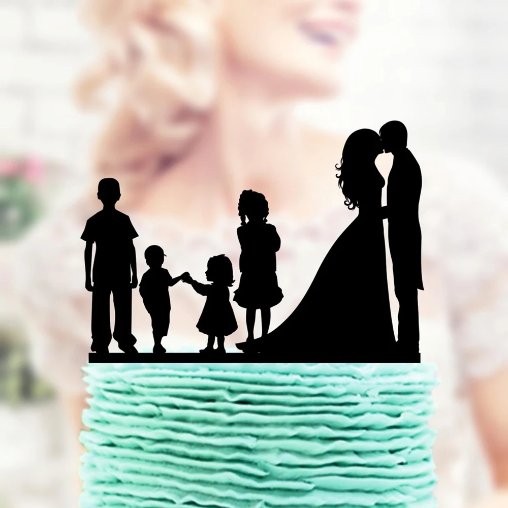 Family Wedding Cake Topper ,Bride and Groom with two Boys + two little girls Cake Topper, Family Couple with child Cake Topper