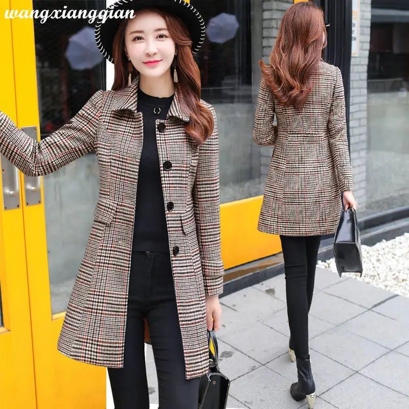 

Women's Fashion Woolen Coat Fall Winter Mid-length Overcoat Polyester Slim Plaid Double-Breasted Pocket Button Camel Outwear Z25