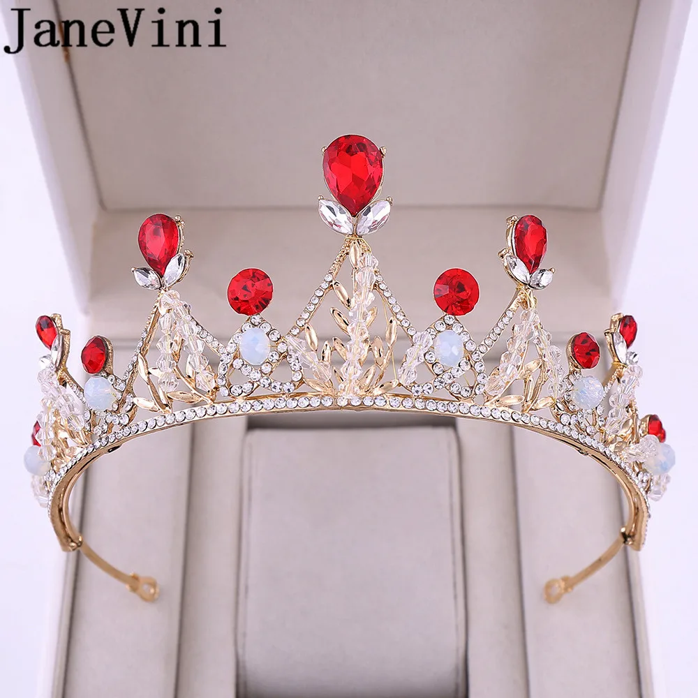 

JaneVini Red Gold Color Crystal Crowns Bride Tiaras Queen Wedding Crown Headpiece Wedding Hair Jewelry Accessories 2020