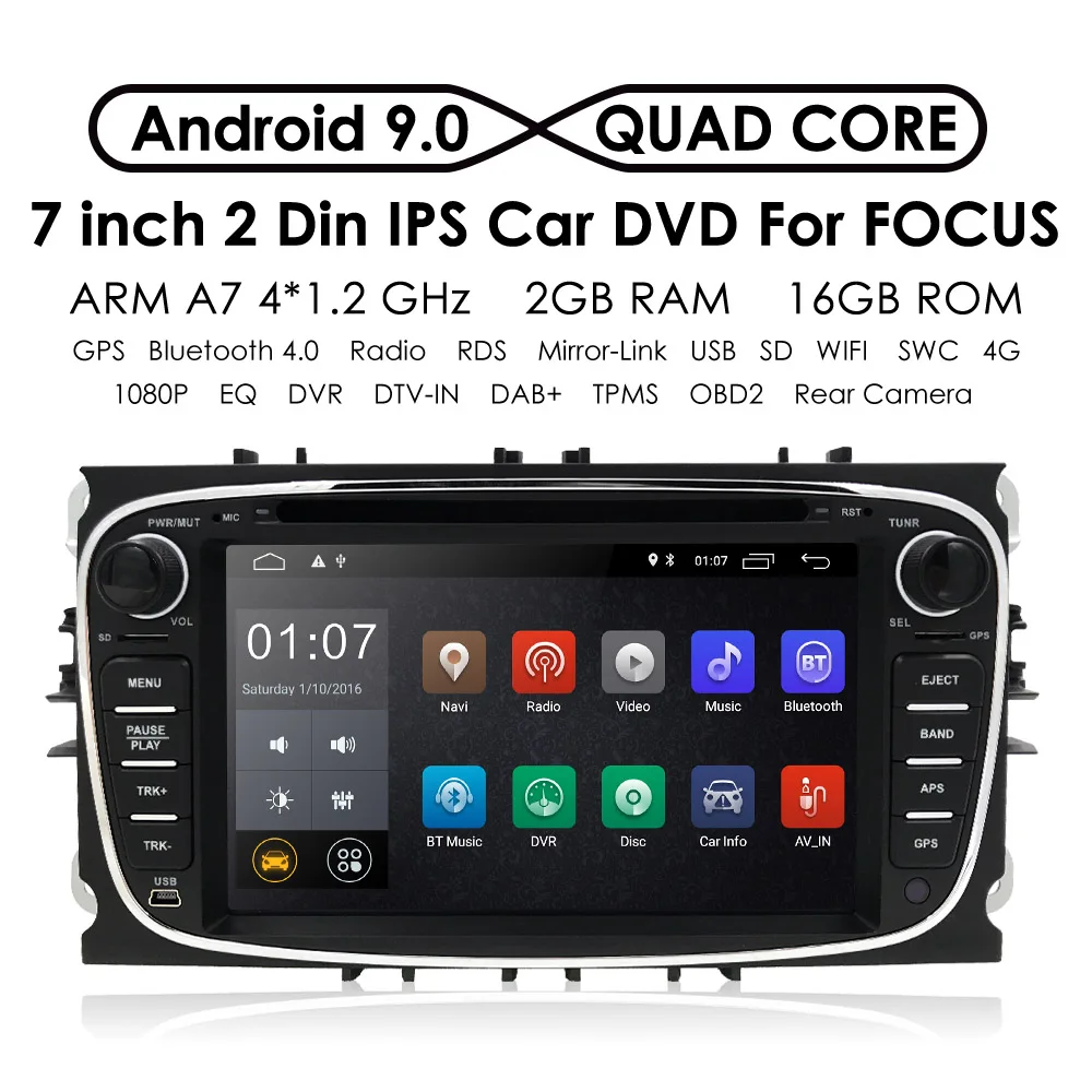 Clearance 2Din 7" Android 9.0 Car DVD Player Radio for Ford Mondeo Focus S-Max C-MAX Galaxy Kuga Transit Connect Quad-Core Bluetooth DAB+ 2