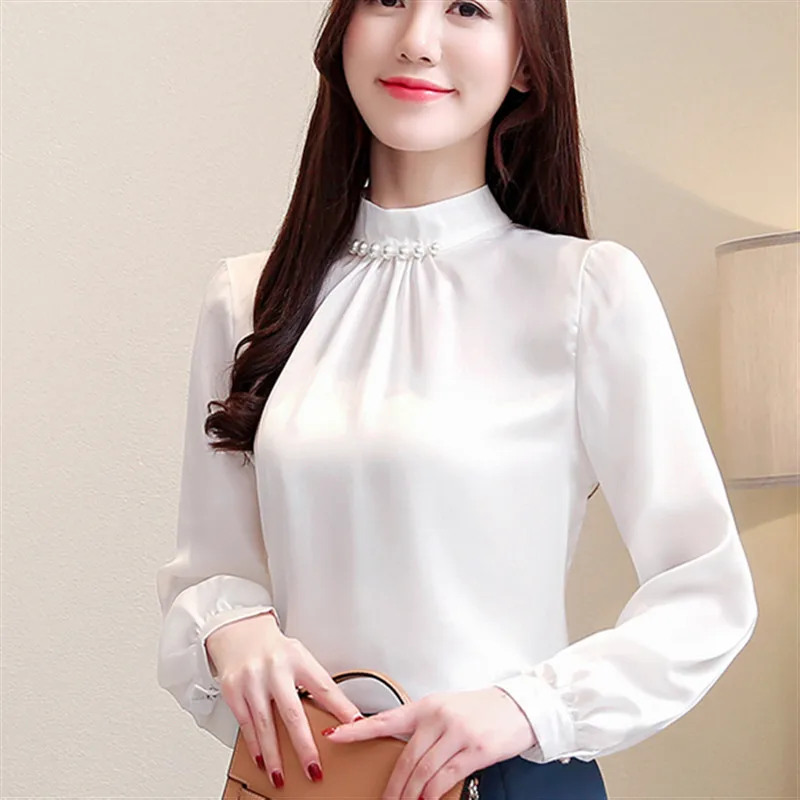 

2019 New Spring Womens Tops And Blouses Chiffon Shirts Long Sleeve Stand Beading Solid Color Clothes Casual Office Ladies Blusas