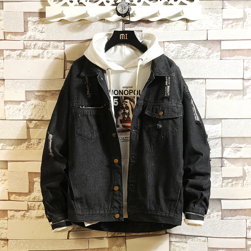 Джинсовая мужская куртка с дырками в ретро стиле, базовое пальто для мотоциклистов, модная уличная куртка в стиле хип-хоп, ковбойская Мужская джинсовая куртка, Chaqueta Hombre - Цвет: Black