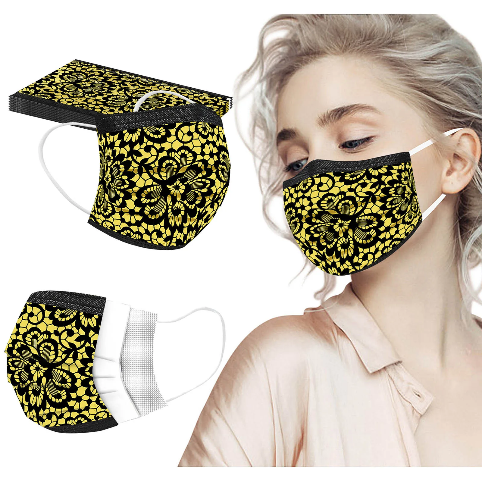 Lot of 10x Mask Lace Printed Disposable Face Mask 3Ply Sadoun.com