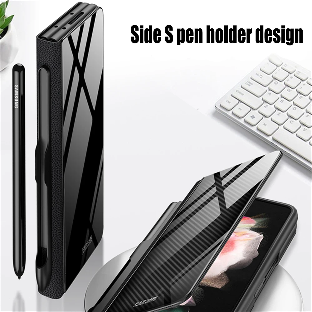 phone pouch for ladies With S Pen Holder Stand Luxury Leather Flip Cover For Samsung Galaxy Z Fold 3 5G Case Shockproof Phone Case Coque Fundas（No Pen） iphone pouch