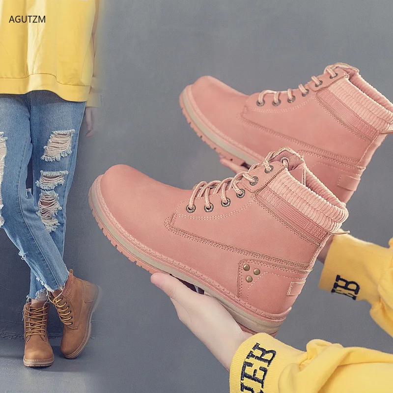 

2019 women Martin boots Platform Pink Women Boots Lace up Casual Ankle Boots Booties Round Women Shoes winter snow boots z254