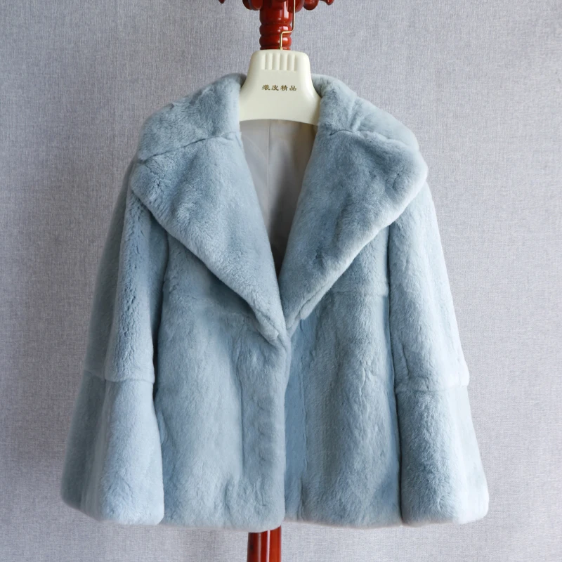 Rf2027 зима рукав-клеш Полный Пелт Настоящий мех кролика пальто вся кожа натуральный мех куртка - Цвет: Небесно-голубой