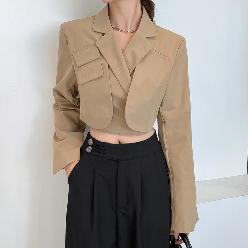 FORYUNSHES Women Lace Up Chic Blazers Coat Long Flare Sleeve Notched Collar Crop Tops 2020 Fashion New Slim Short Femme Clothes
