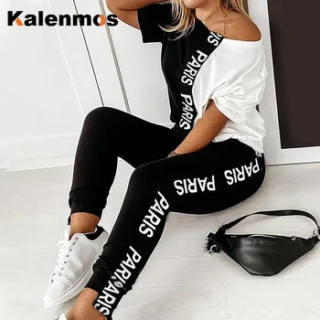 

KALENMOS Off Shoulder Tracksuit Women 2 Piece Set Letter Print Short Sleeve Top Long Pants Summer Sports Jogger Biker Punk Suits