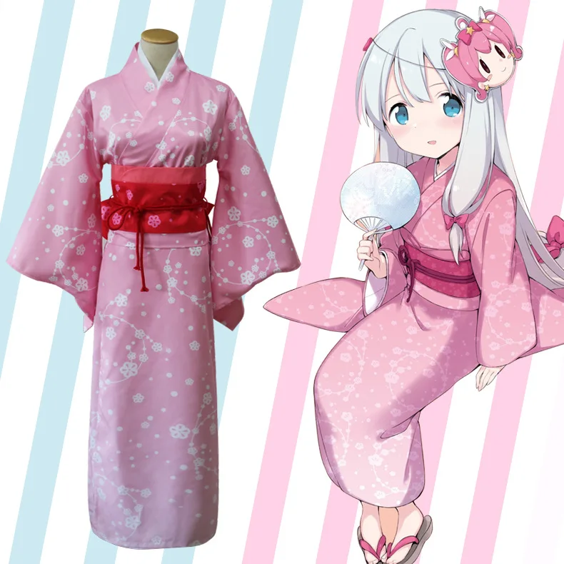 Розовое женское кимоно с Obi японская традиционная юката девушка аниме косплей одежда, костюм для Хэллоуина представление халат платье