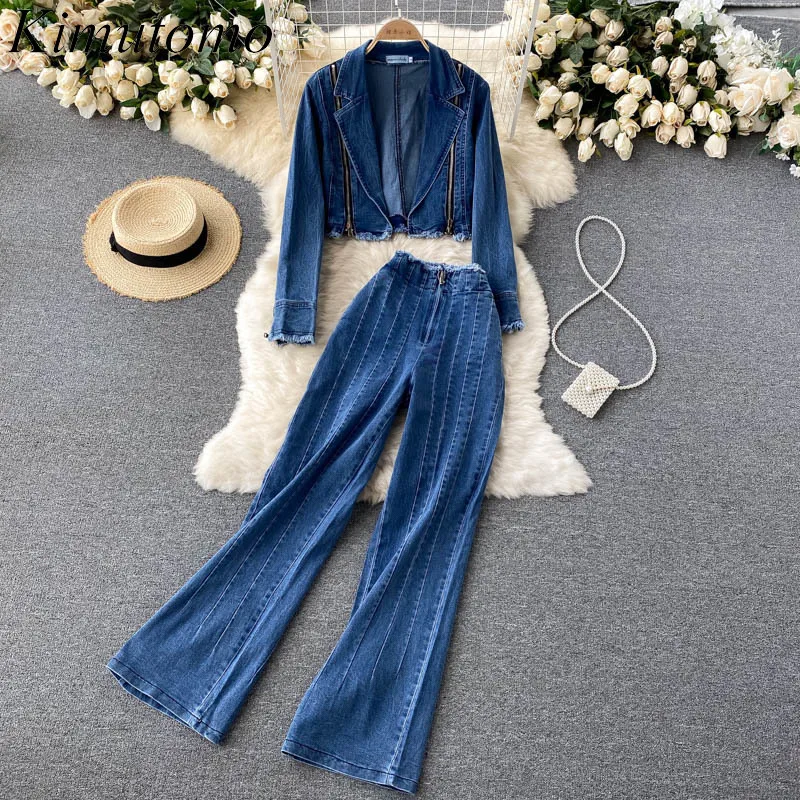 Kimutomo Women Sets 2021 Autumn Korea Temperament Ladieszipper Long-Sleeved Short Coat Straight Loose Wide-Leg Pants Two-Piece |