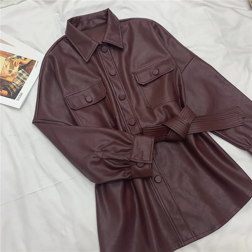 SHENGPALAE New Fashion Autumn Solid Loose With Belt Slim Jacket Women Single Breasted Pocket Korean Version PU Coat FT929