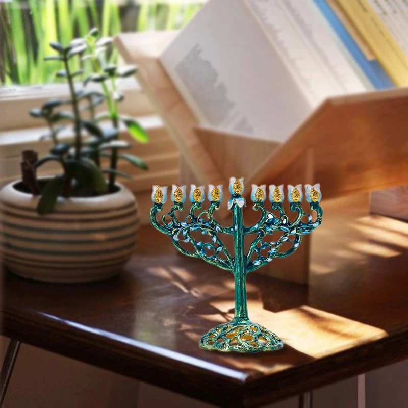 H& D 9 ветка ханукальные свечи Menorah ручная роспись Виноградная лоза цветов изогнутые Chanukiah Menorah домашний декор Jerusalem подарок(зеленый