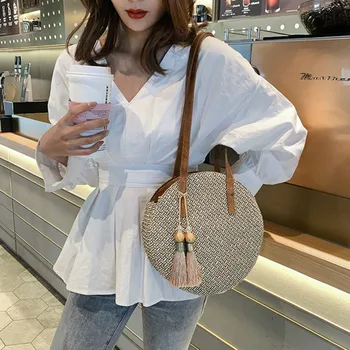 

Lady Luxury Round Tassel Straw Shoulder Bag 2020 Summer High Quality Straw Women's Designer Handbag Bohemia Beach Bag Girls
