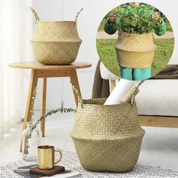 

Handmade Hanging Basket Planter Basket Seagrass Wickerwork Basket Bamboo Storage Baskets Foldable Patchwork Wicker Rattan Seagra