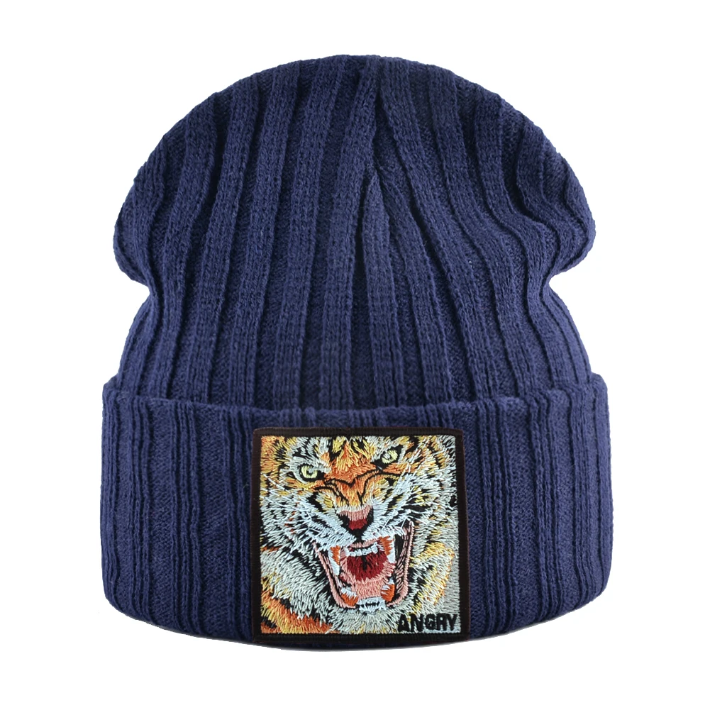 New Fashion Knitted Beanie Hat With Tiger Embroidery Patch Hip Hop Skullies Beanies Men Women Winter Knit Solid Color Ski Hat woolen cap for men