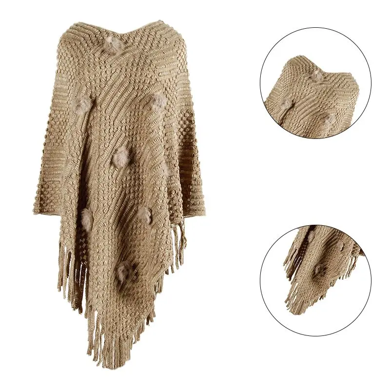 Женский свитер, Осень-зима, модная белая накидка, пальто, шикарное, с кисточками, с помпонами, вязанные Джемперы, женские пончо, накидка, пальто