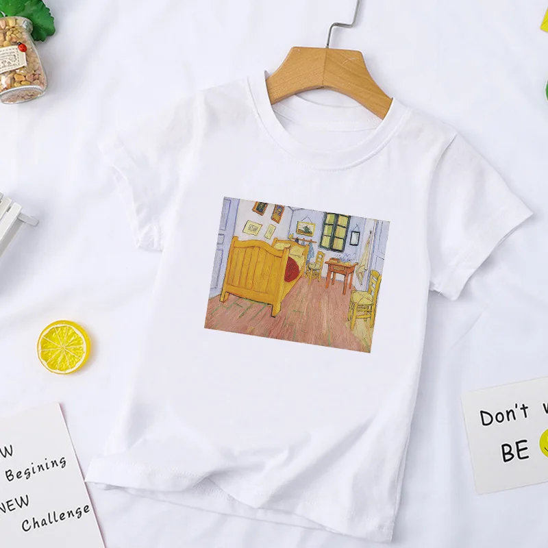 New Clothing Girls T Shirt Fashion Kids Top Casual Childrens Boys T Shirts Van Gogh Oil Painting Funny Blowing Bubbles Kawaii