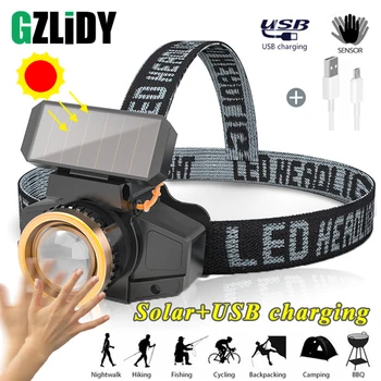 

Solar Headlamp USB Rechargeable LED Headlight Waterproof Zoom Fishing Lantern Sensor Switch 3 Mode Portable Night Running Light