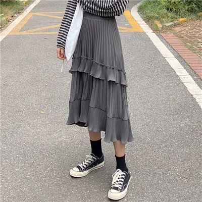 gray ruffle skirt Милая шифоновая плиссированная юбка для девушек, Женская Осенняя Новая эластичная юбка с высокой талией и оборками, юбка миди, Faldas Mujer Moda Jupe Femme - Цвет: gray ruffle skirt